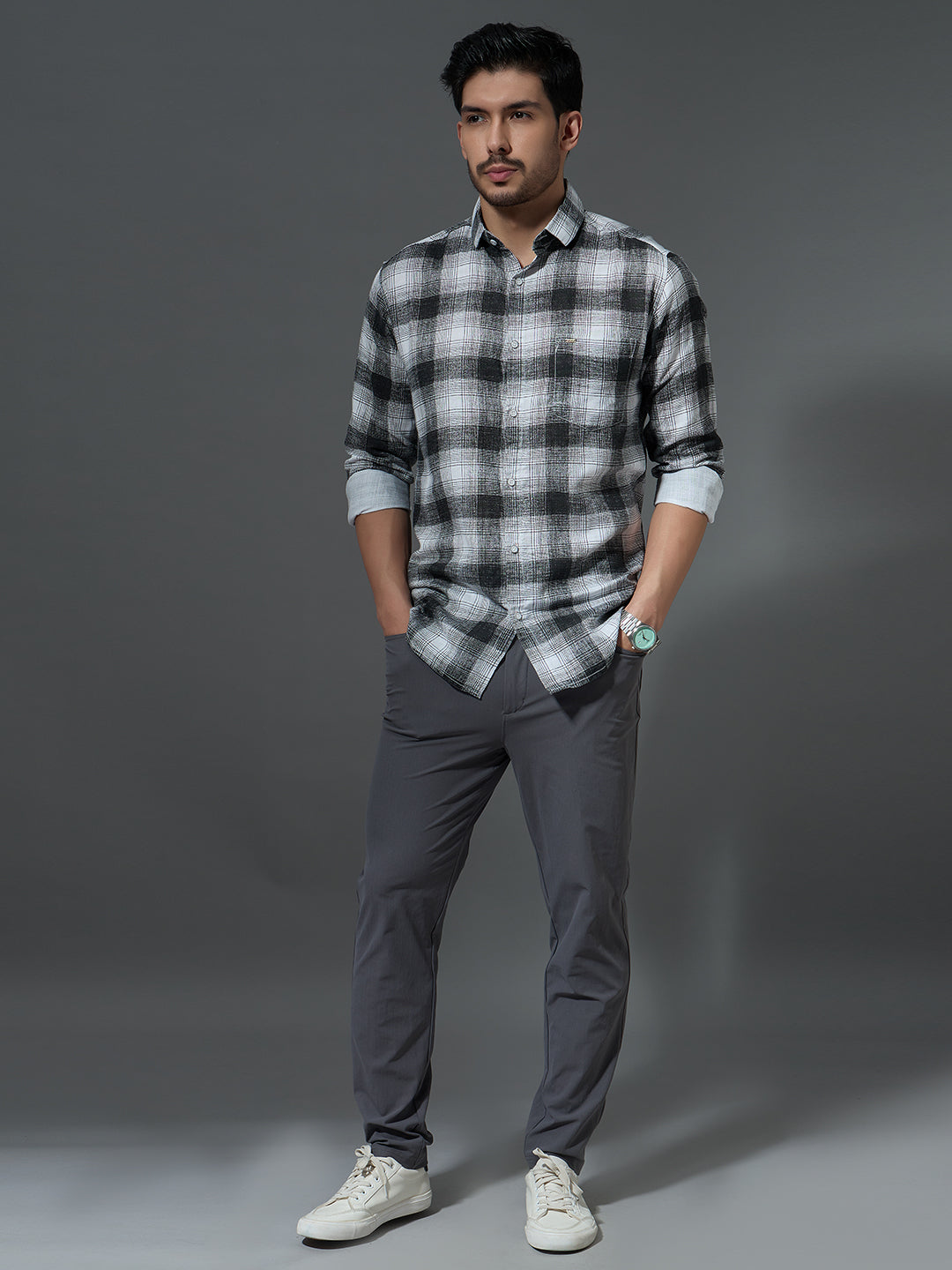 Grey Plaid Flannel Casual Shirt