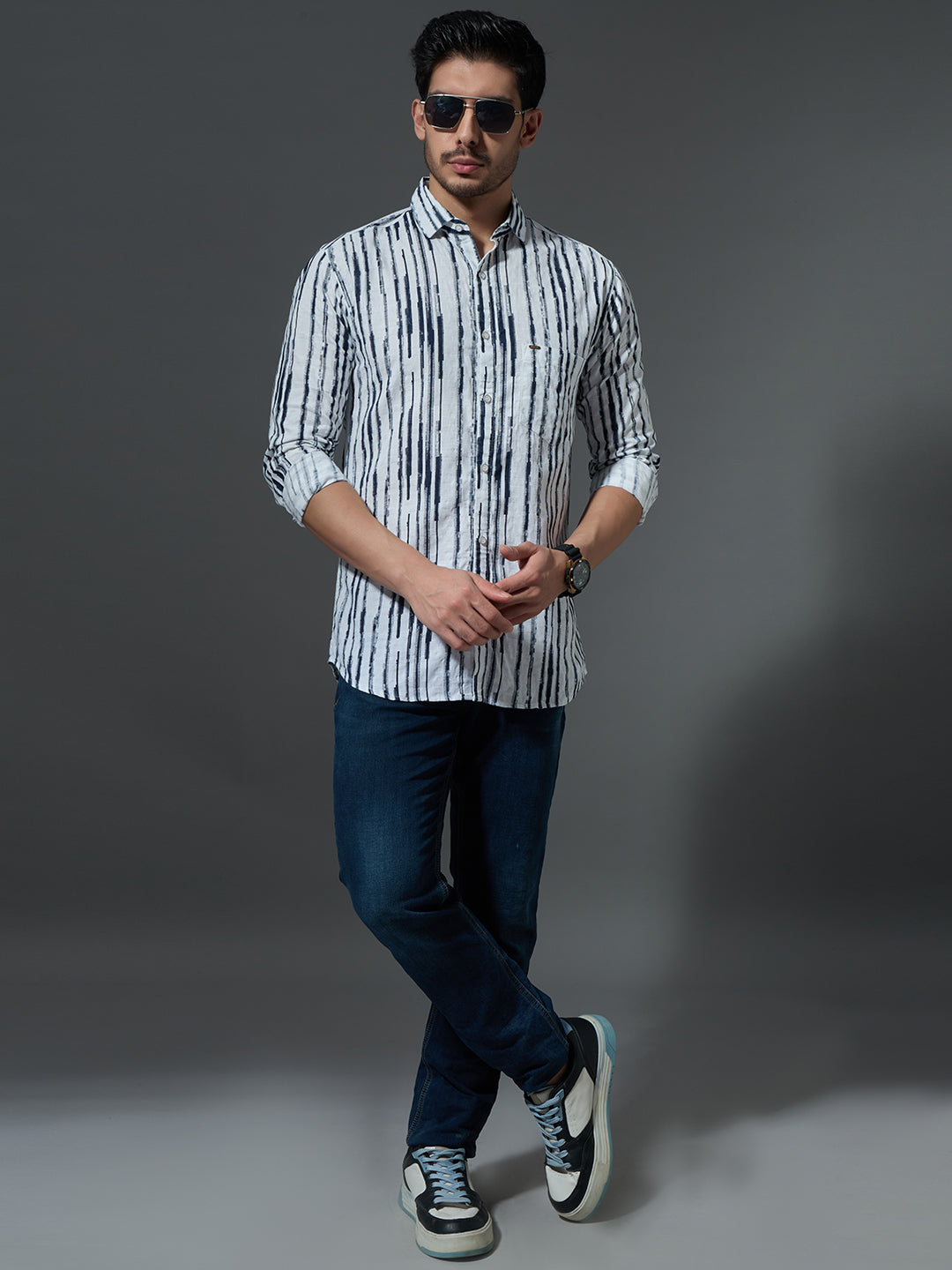 Distressed Navy Stripe Casual Shirt