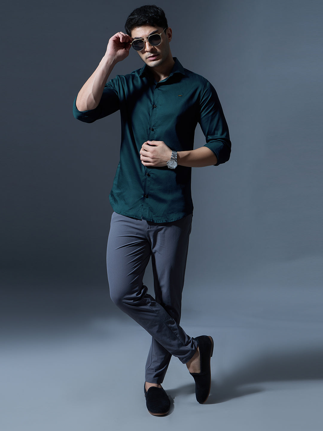 Men's Teal Blue Solid Full-Sleeve Casual Shirt