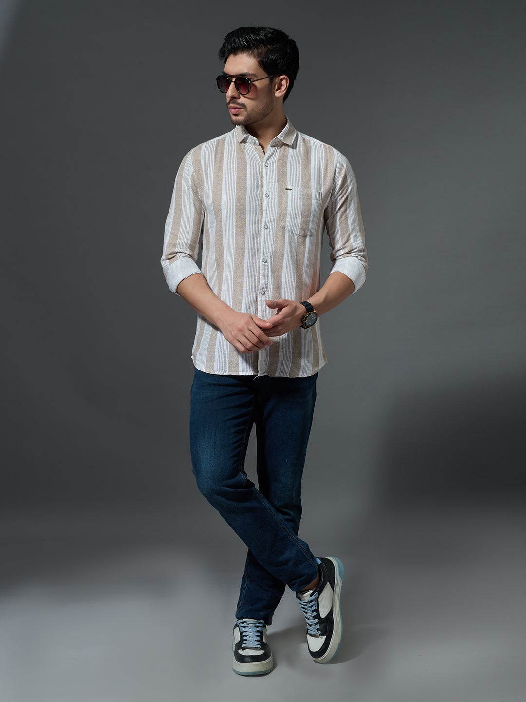 Men's Khaki & White Striped Shirt