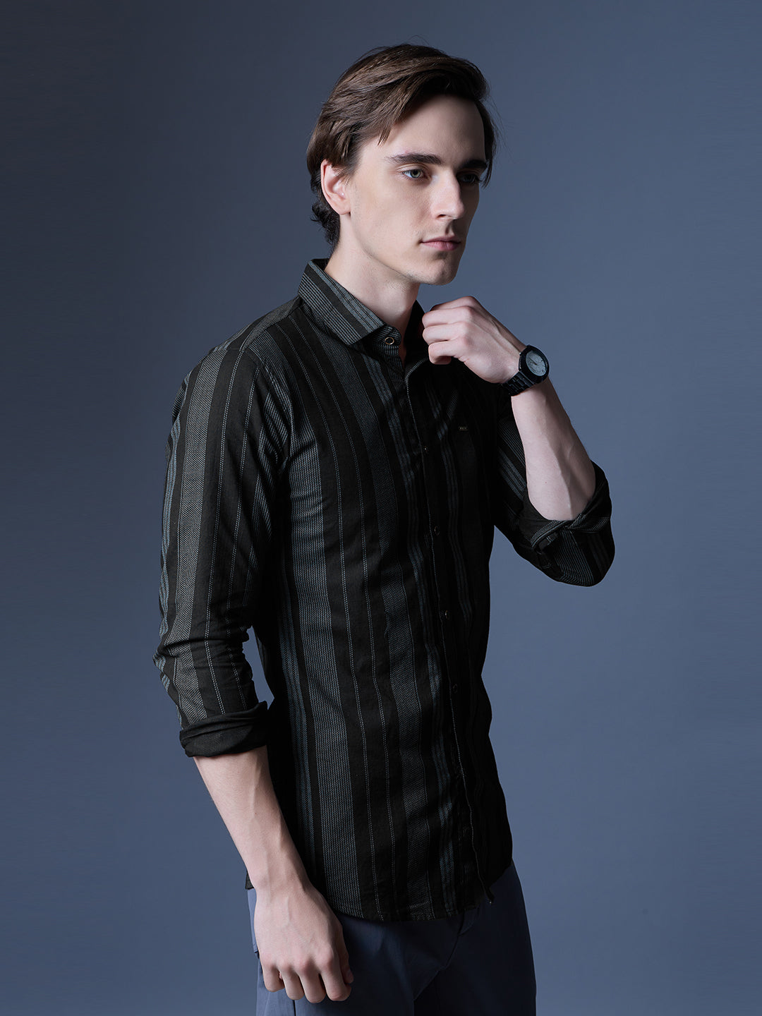 Men's Black and Green Striped Casual Shirt