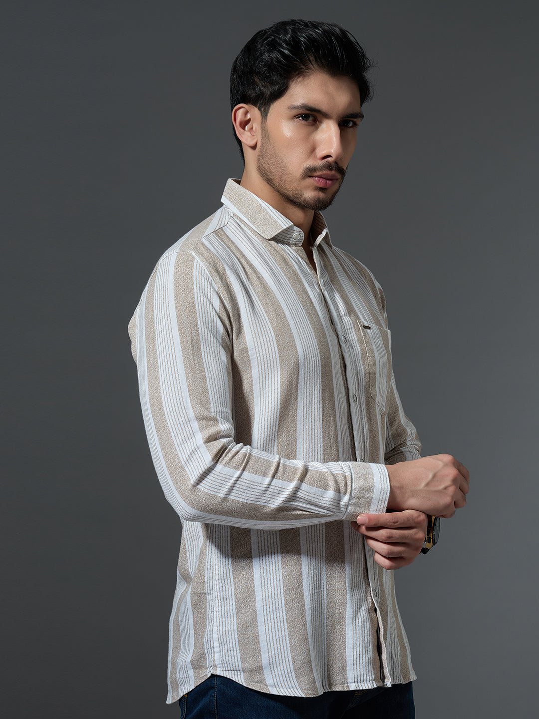Men's Khaki & White Striped Shirt