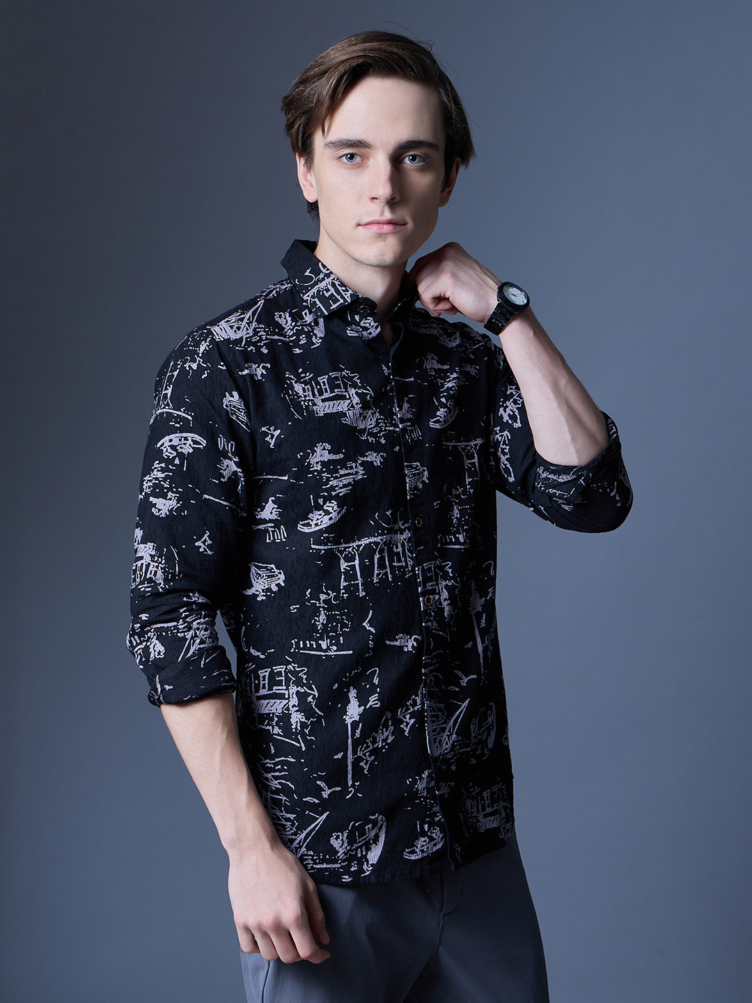 Men's Black Printed Abstract Casual Shirt