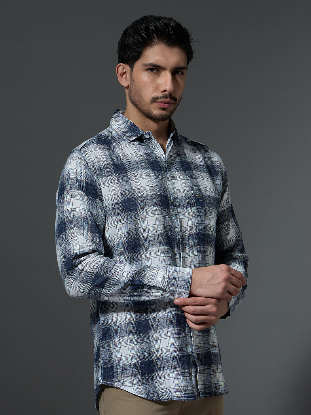 Washed Navy Check Casual Shirt