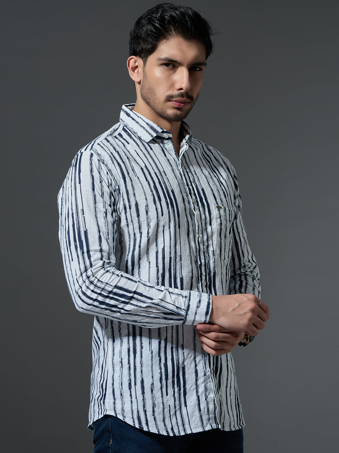 Distressed Navy Stripe Casual Shirt