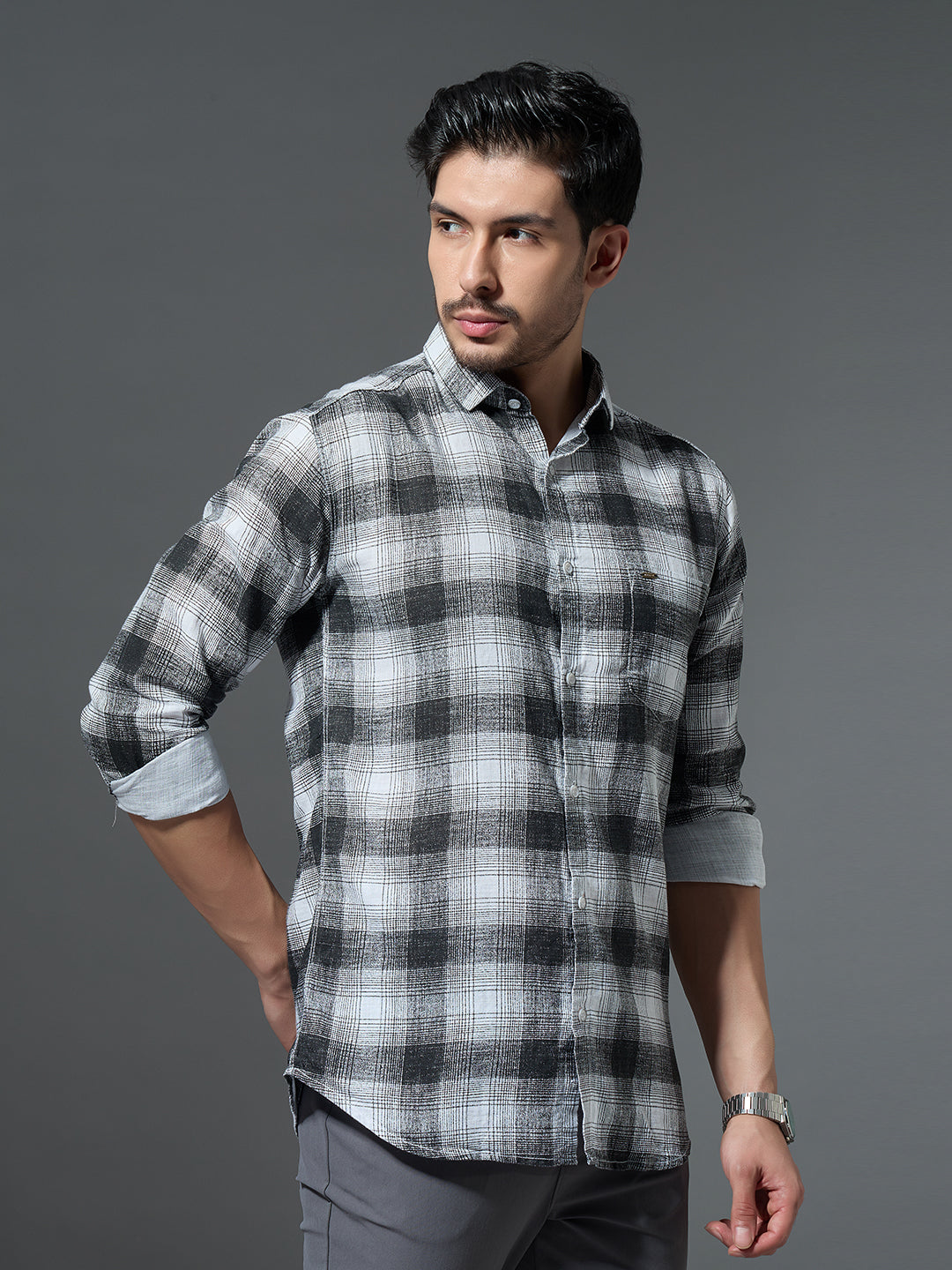 Grey Plaid Flannel Casual Shirt