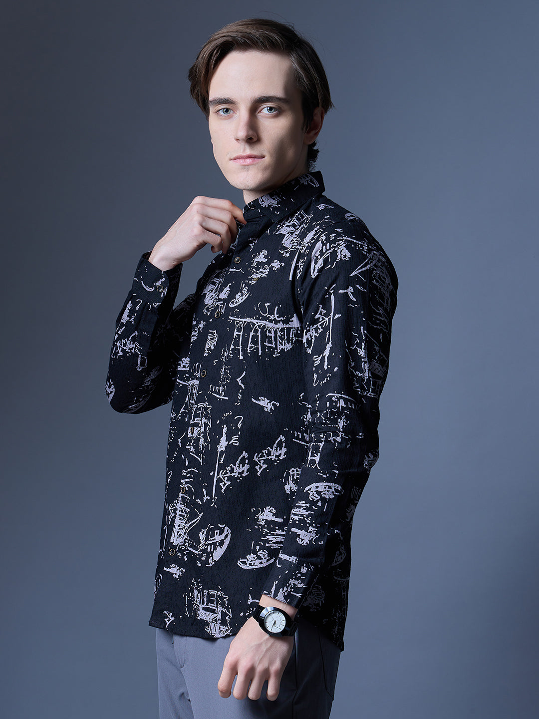 Men's Black Printed Abstract Casual Shirt