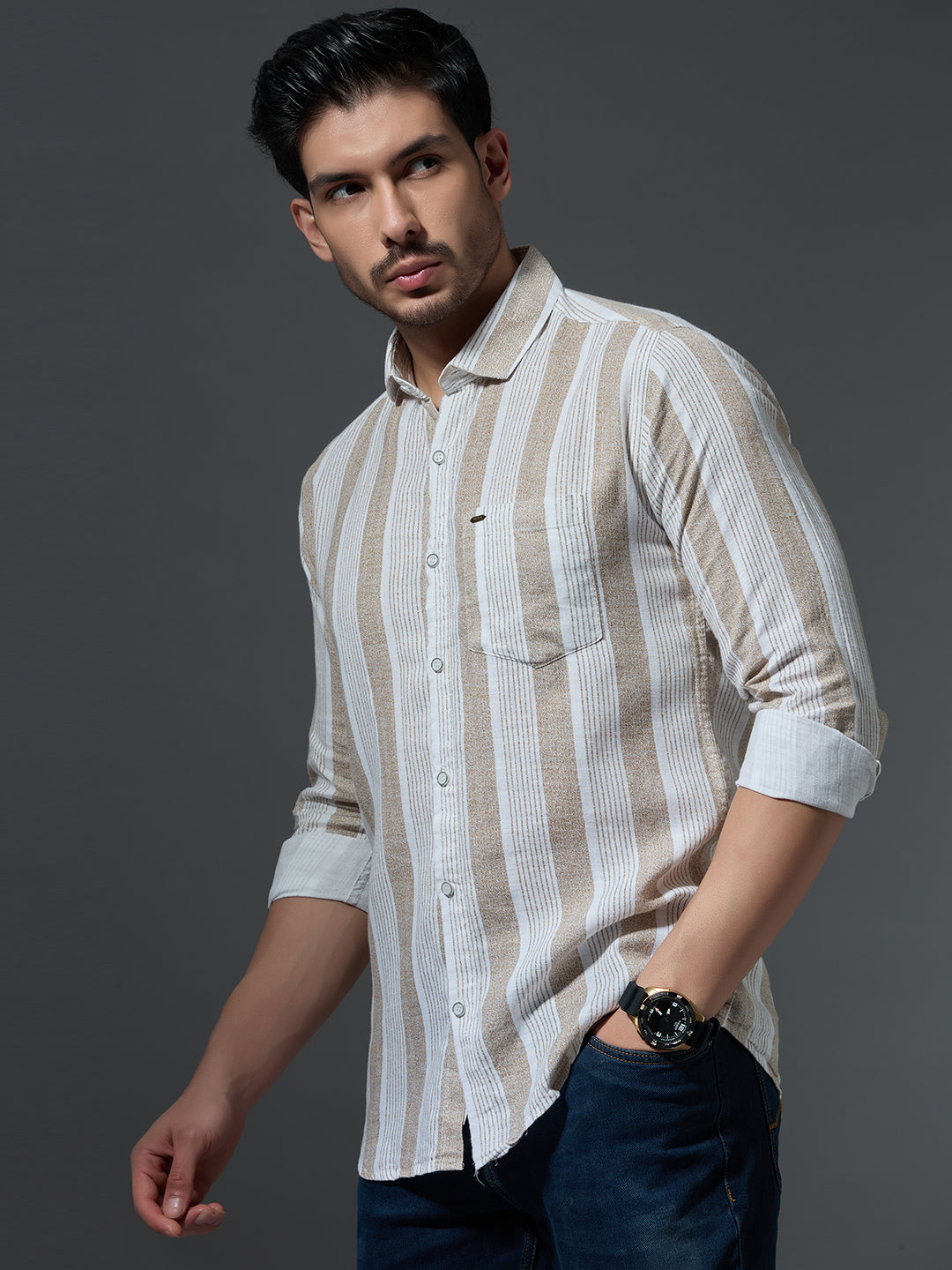 Men's Khaki & White Striped Shirt