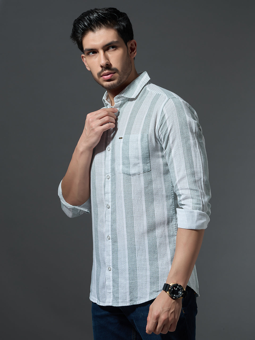 Dusty Green Striped Casual Shirt