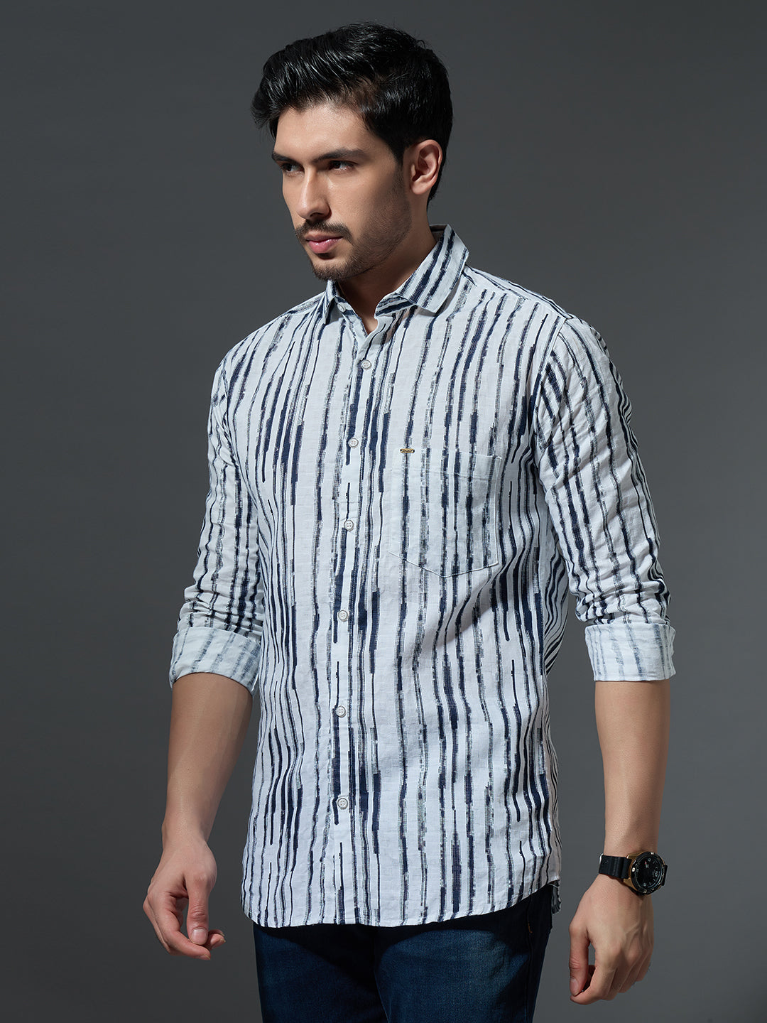 Distressed Navy Stripe Casual Shirt