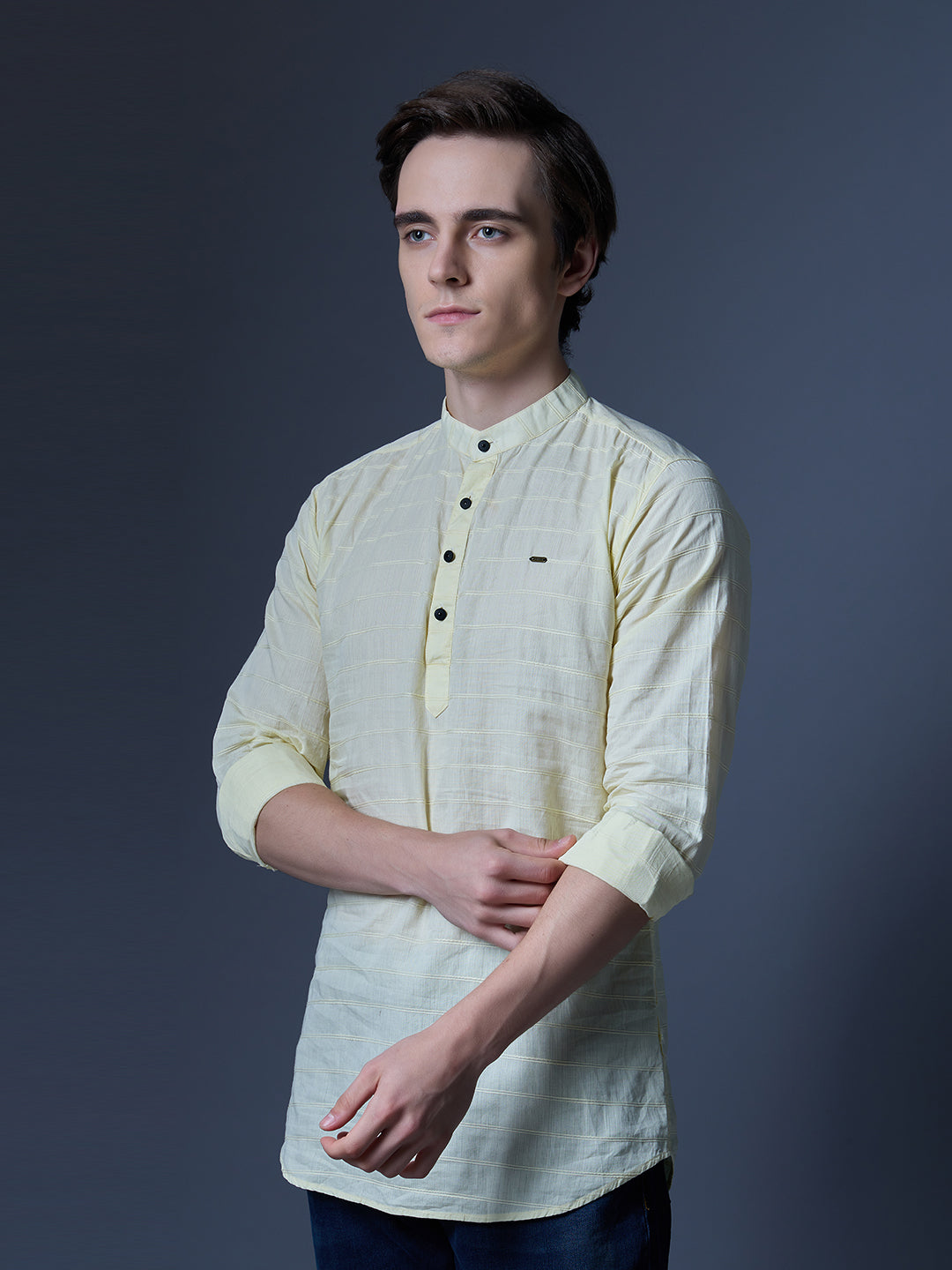 Men's Light Yellow Textured Kurta Shirt