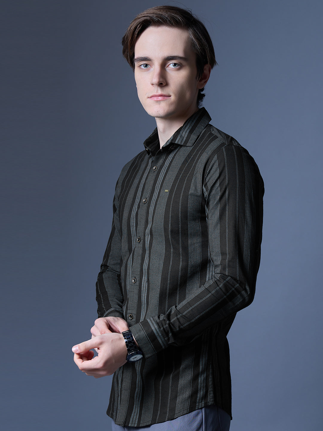 Men's Black and Green Striped Casual Shirt