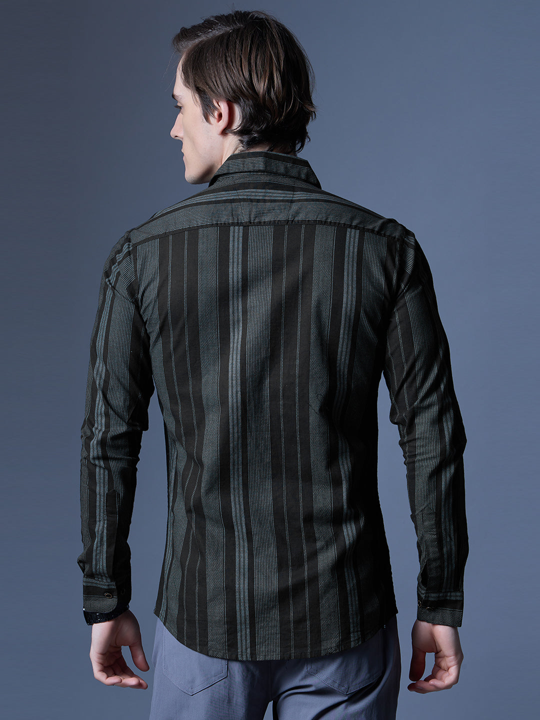 Men's Black and Green Striped Casual Shirt