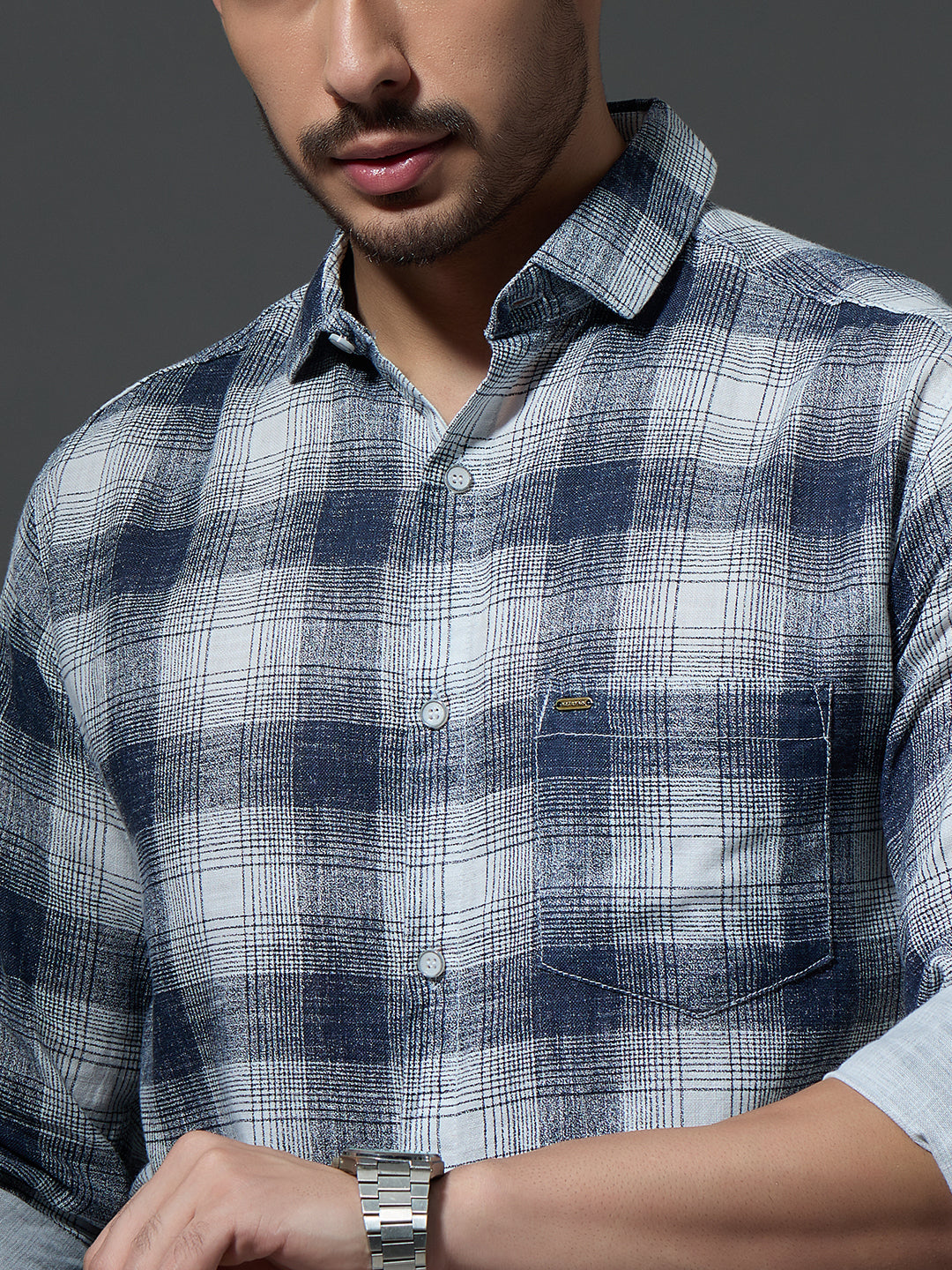 Washed Navy Check Casual Shirt