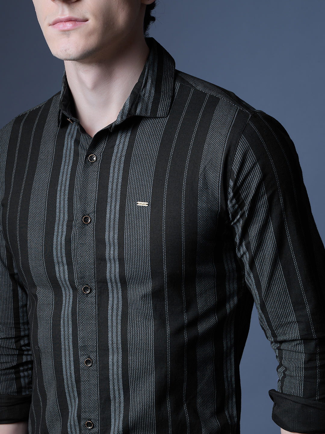Men's Black and Green Striped Casual Shirt