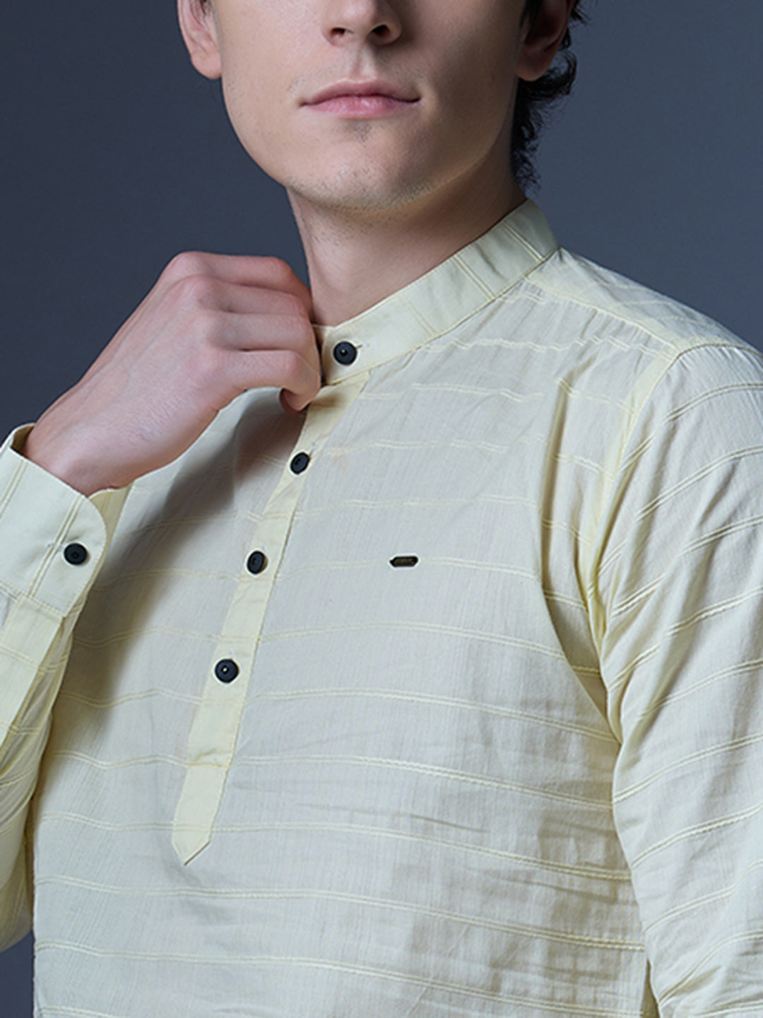 Men's Light Yellow Textured Kurta Shirt