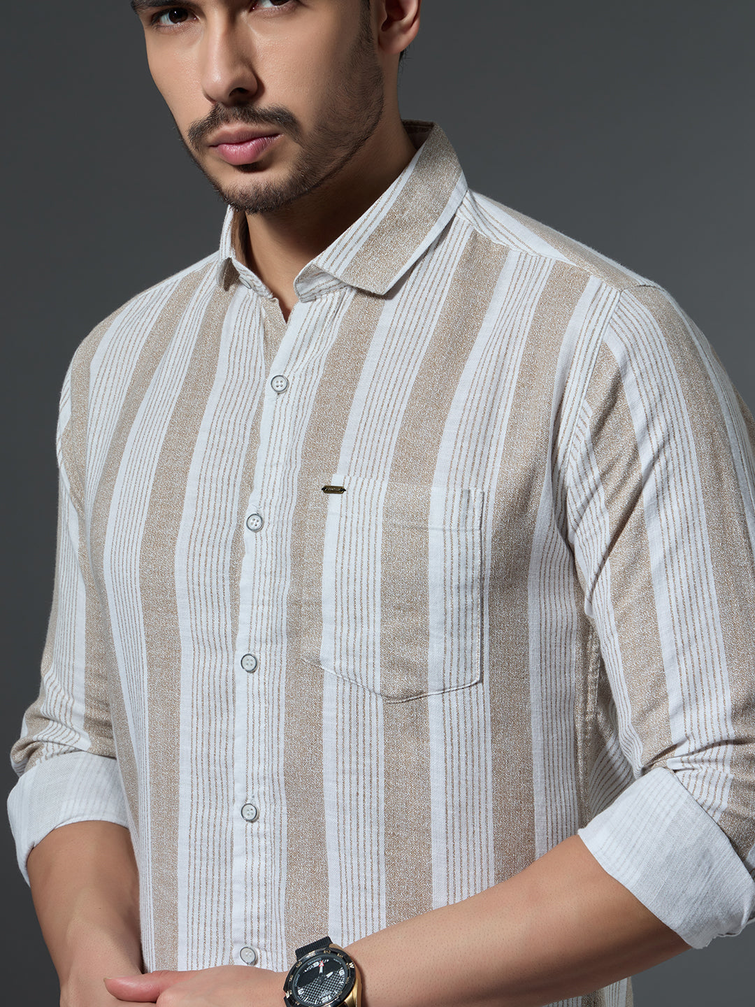 Men's Khaki & White Striped Shirt