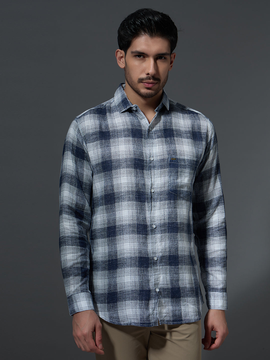 Washed Navy Check Casual Shirt