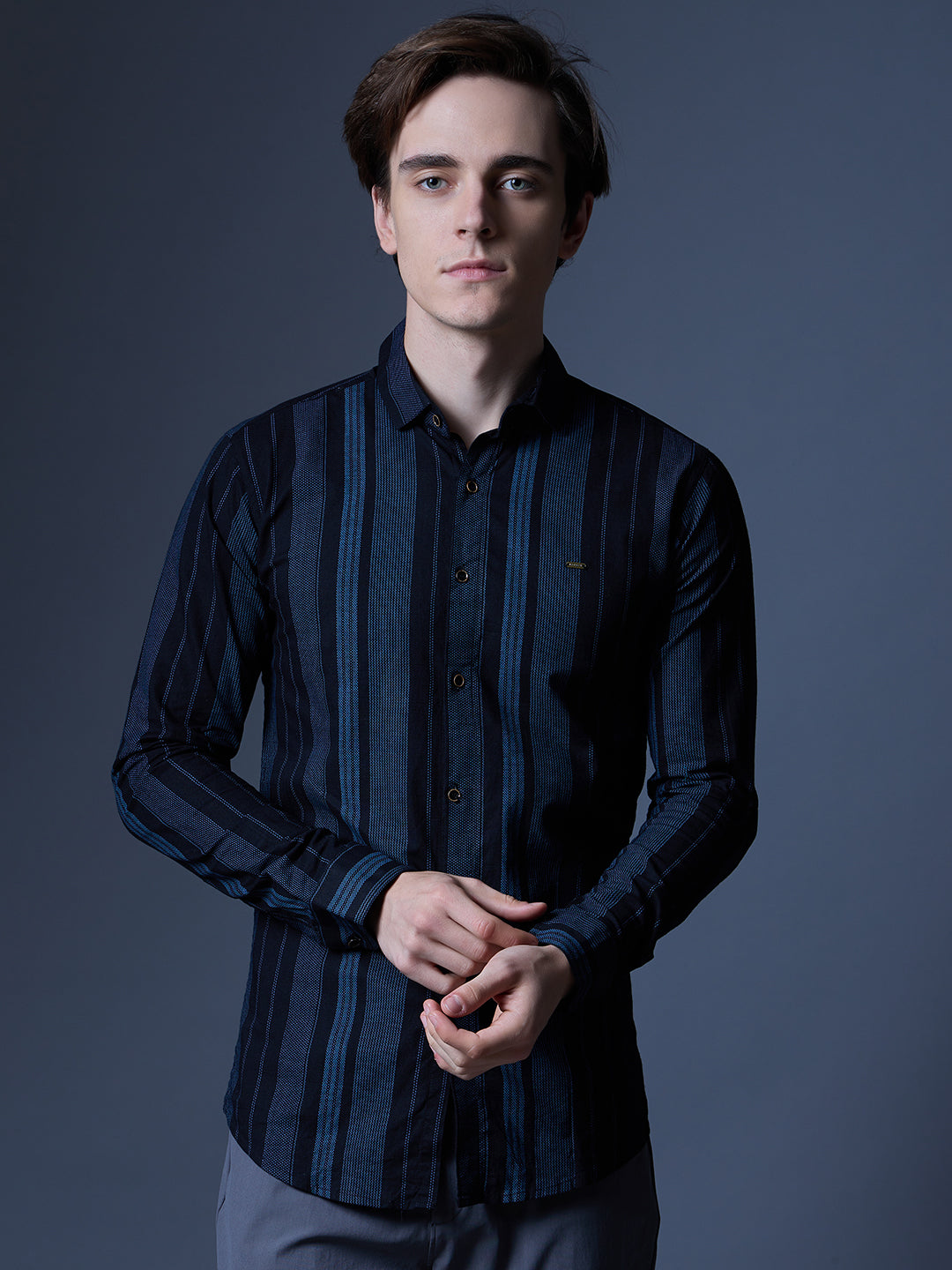 Men's Black and Blue Striped Casual Shirt