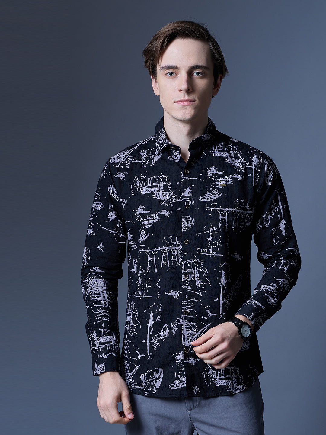 Men's Black Printed Abstract Casual Shirt