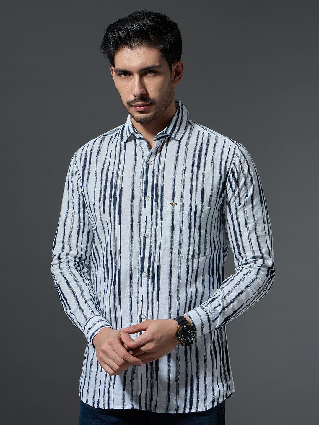 Distressed Navy Stripe Casual Shirt