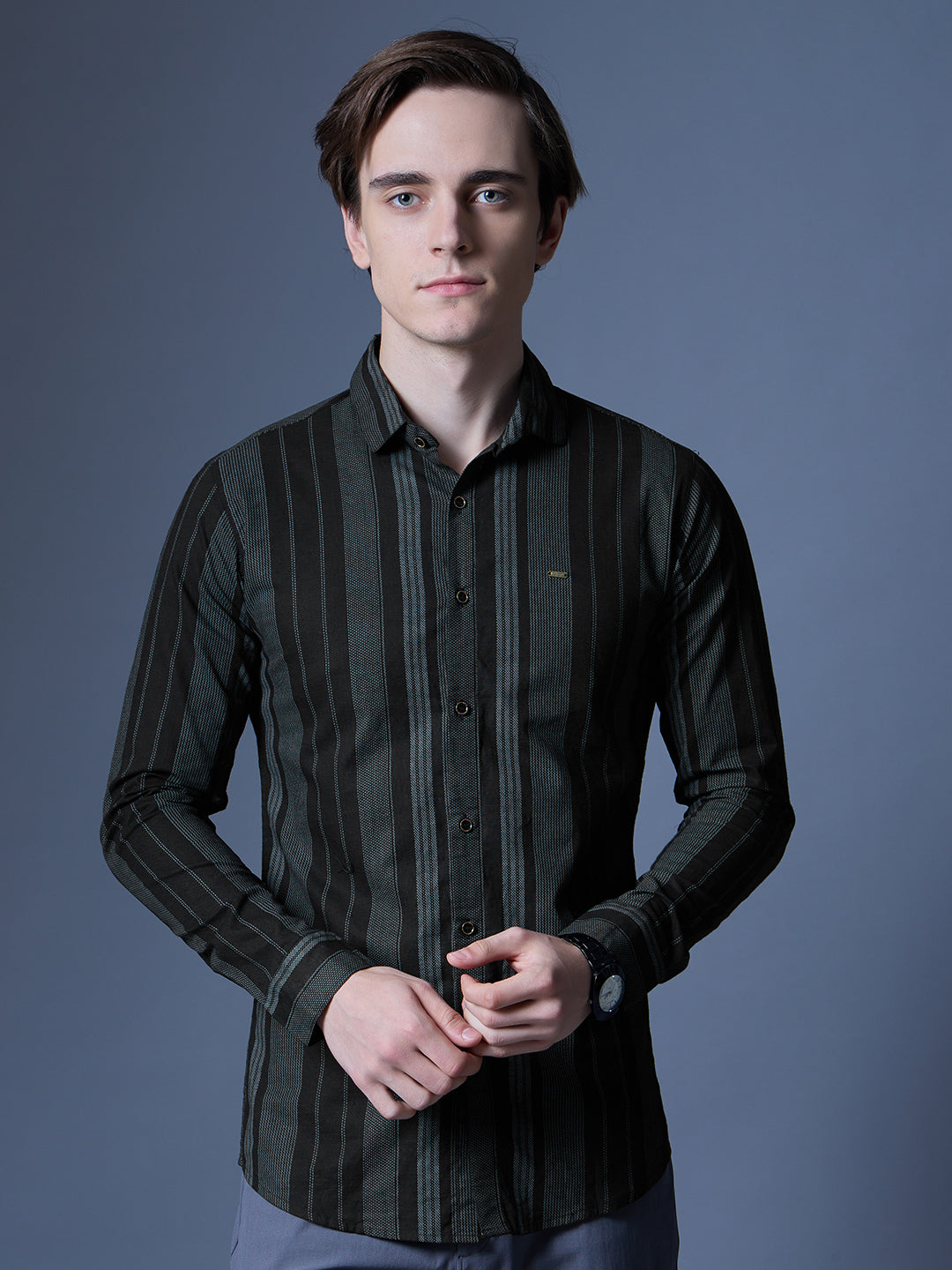 Men's Black and Green Striped Casual Shirt