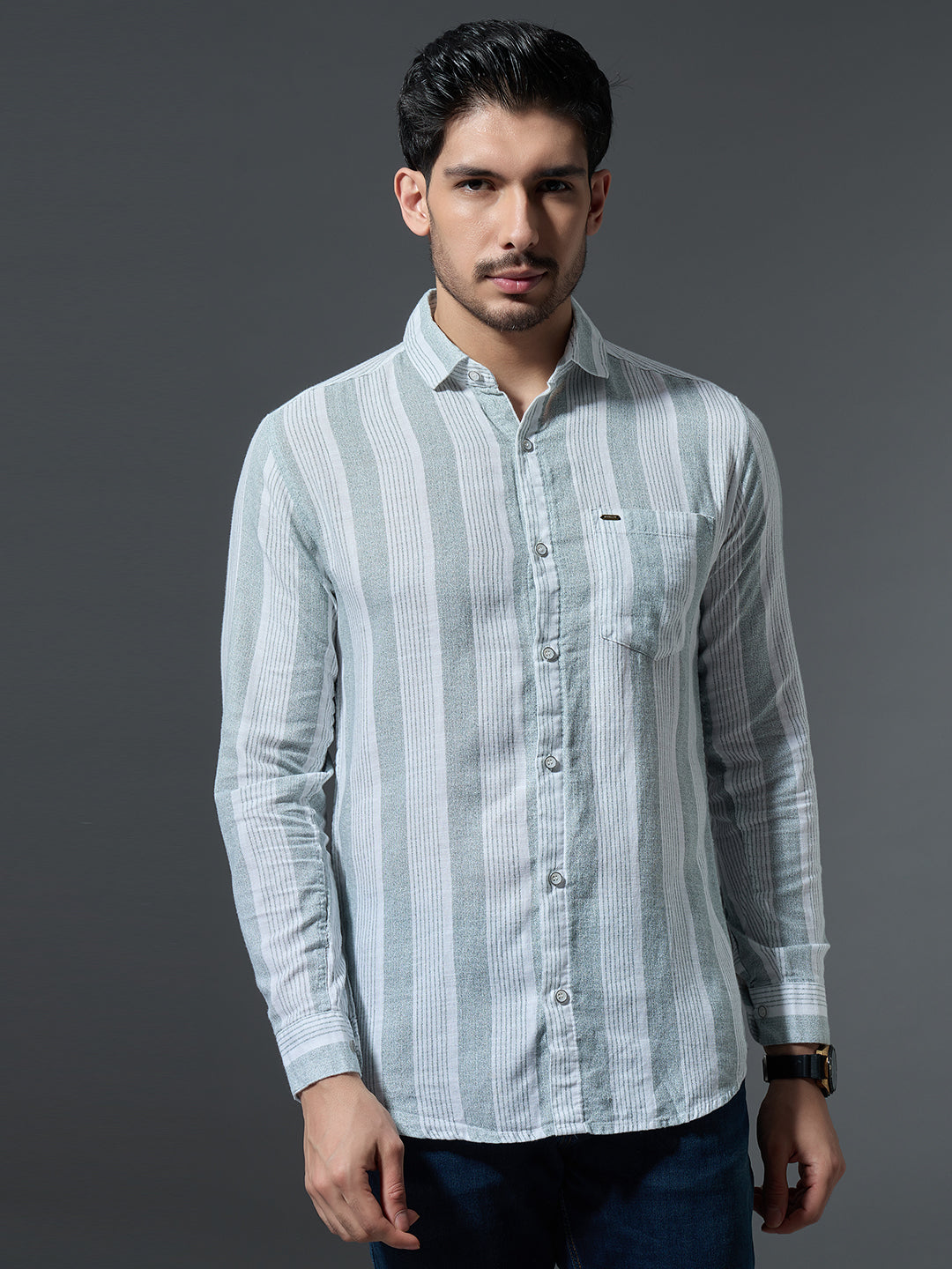 Dusty Green Striped Casual Shirt