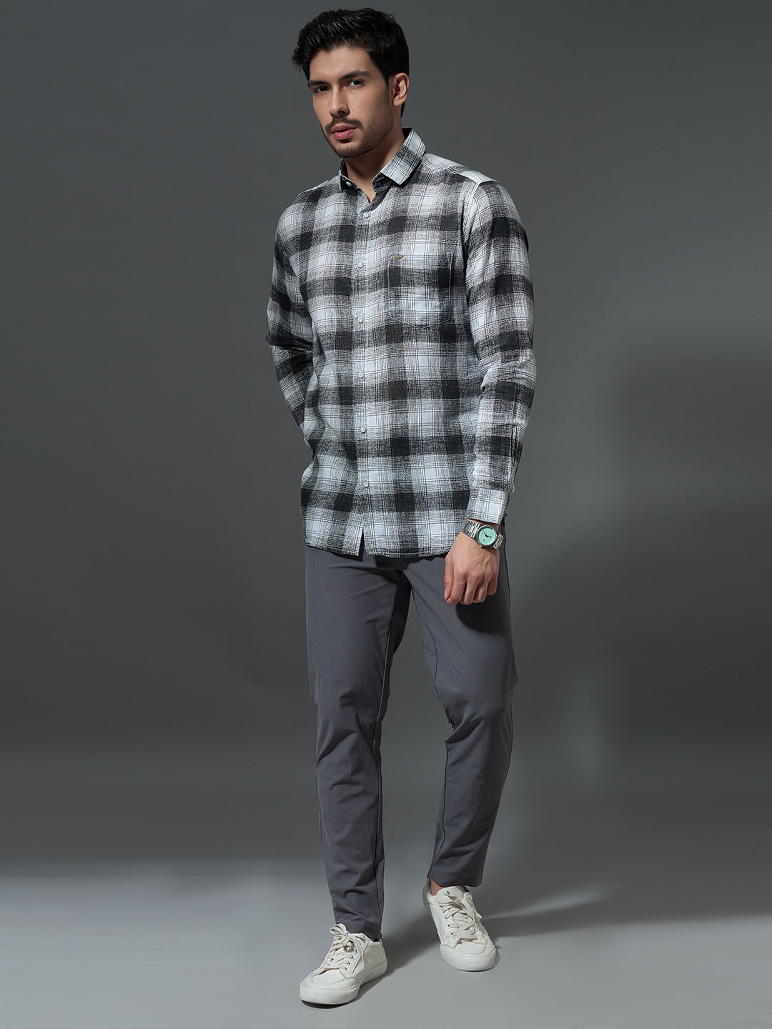Grey Plaid Flannel Casual Shirt