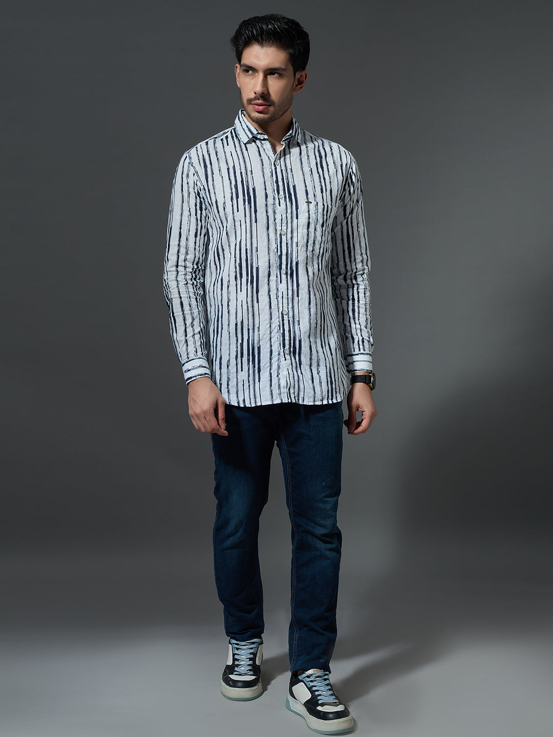 Distressed Navy Stripe Casual Shirt