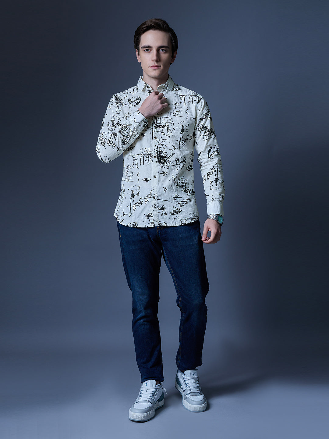 Men's White Printed Nautical Casual Shirt