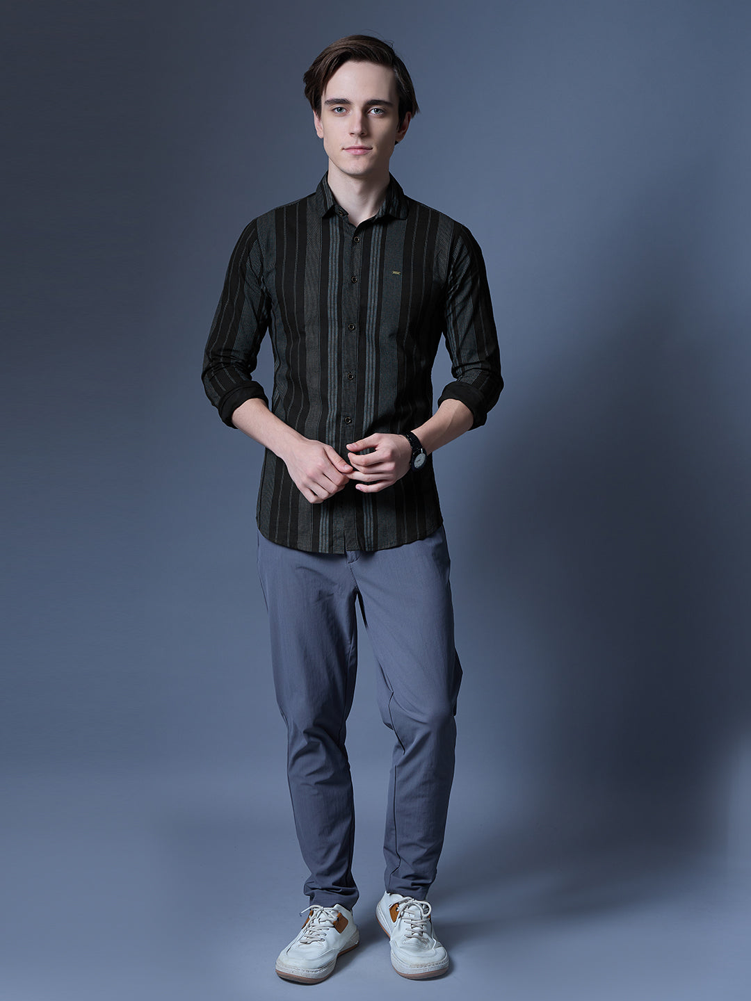 Men's Black and Green Striped Casual Shirt