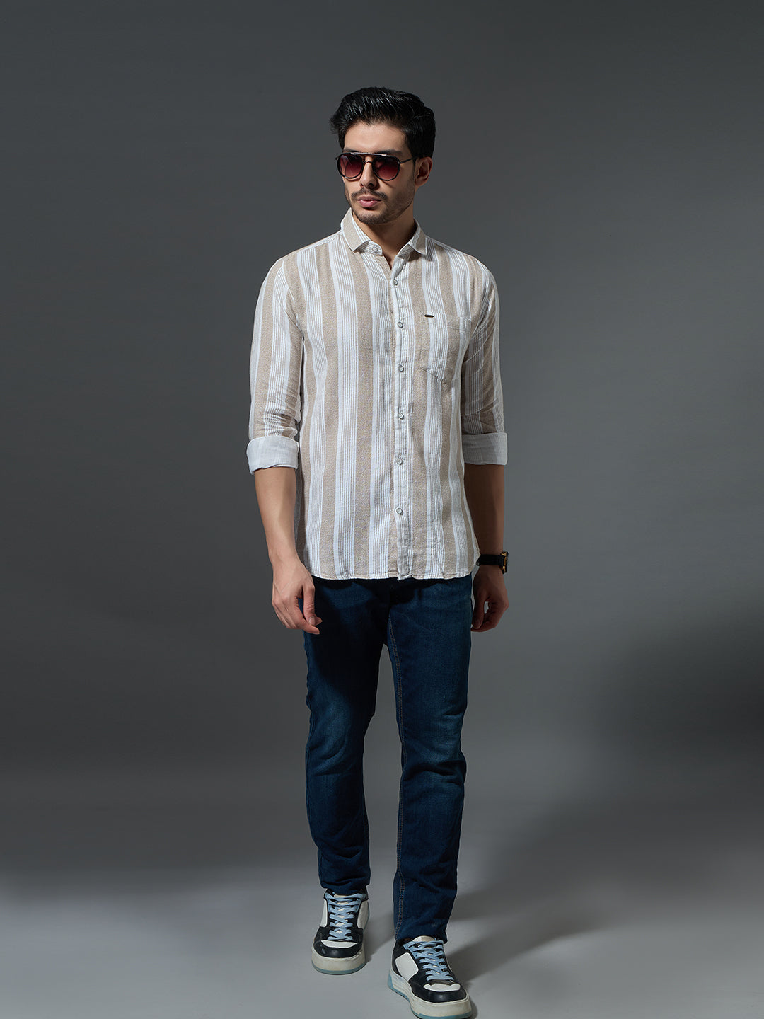 Men's Khaki & White Striped Shirt