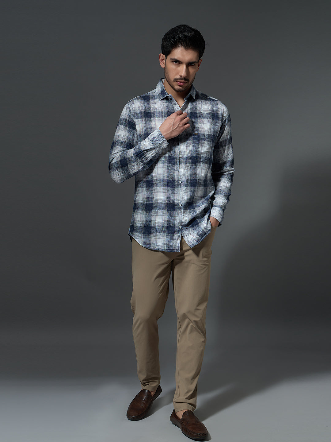 Washed Navy Check Casual Shirt