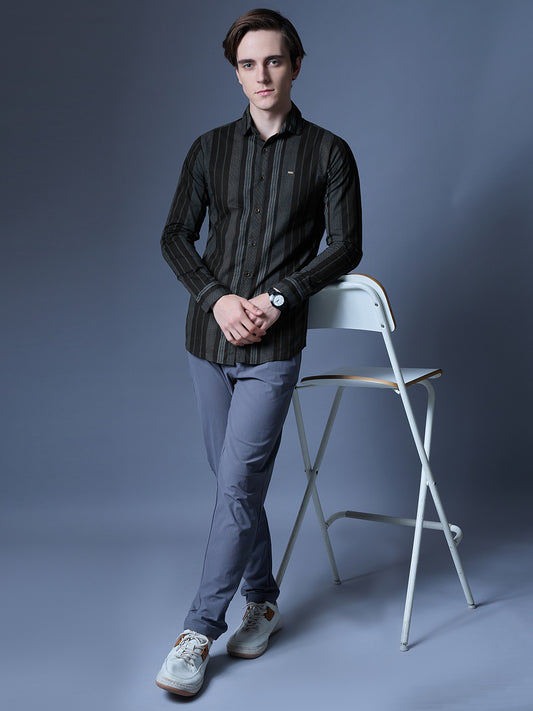 Men's Black and Green Striped Casual Shirt