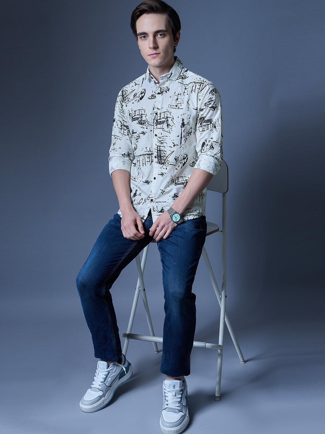 Men's White Printed Nautical Casual Shirt