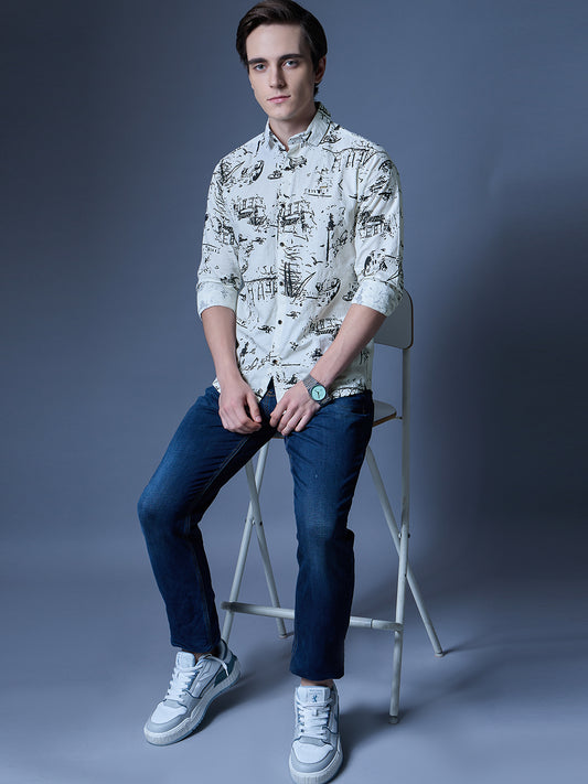Men's White Printed Nautical Casual Shirt