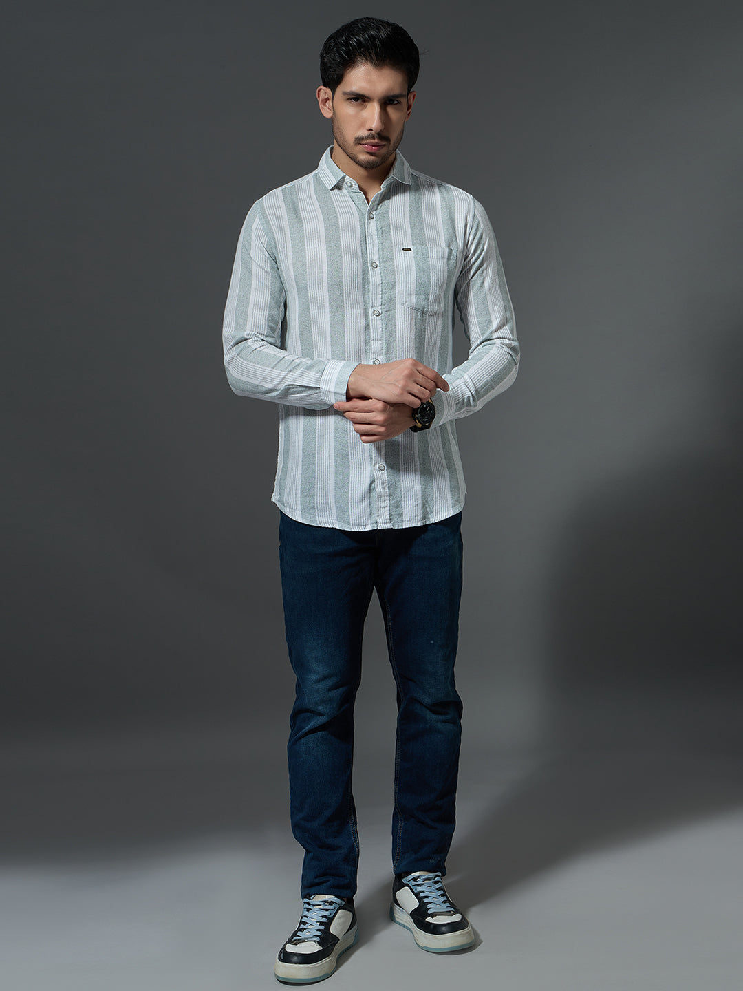 Dusty Green Striped Casual Shirt