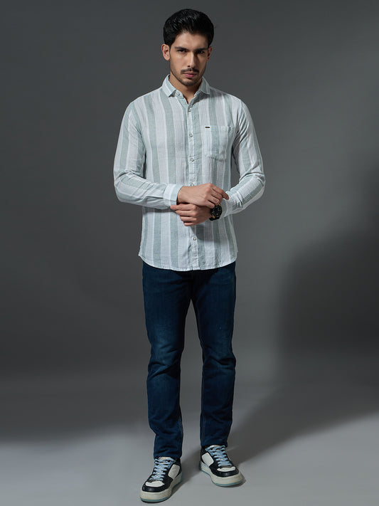 Dusty Green Striped Casual Shirt