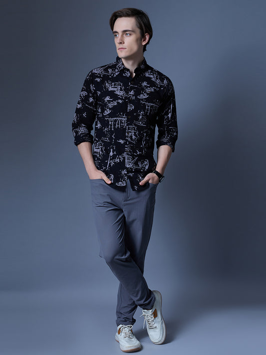 Men's Black Printed Abstract Casual Shirt