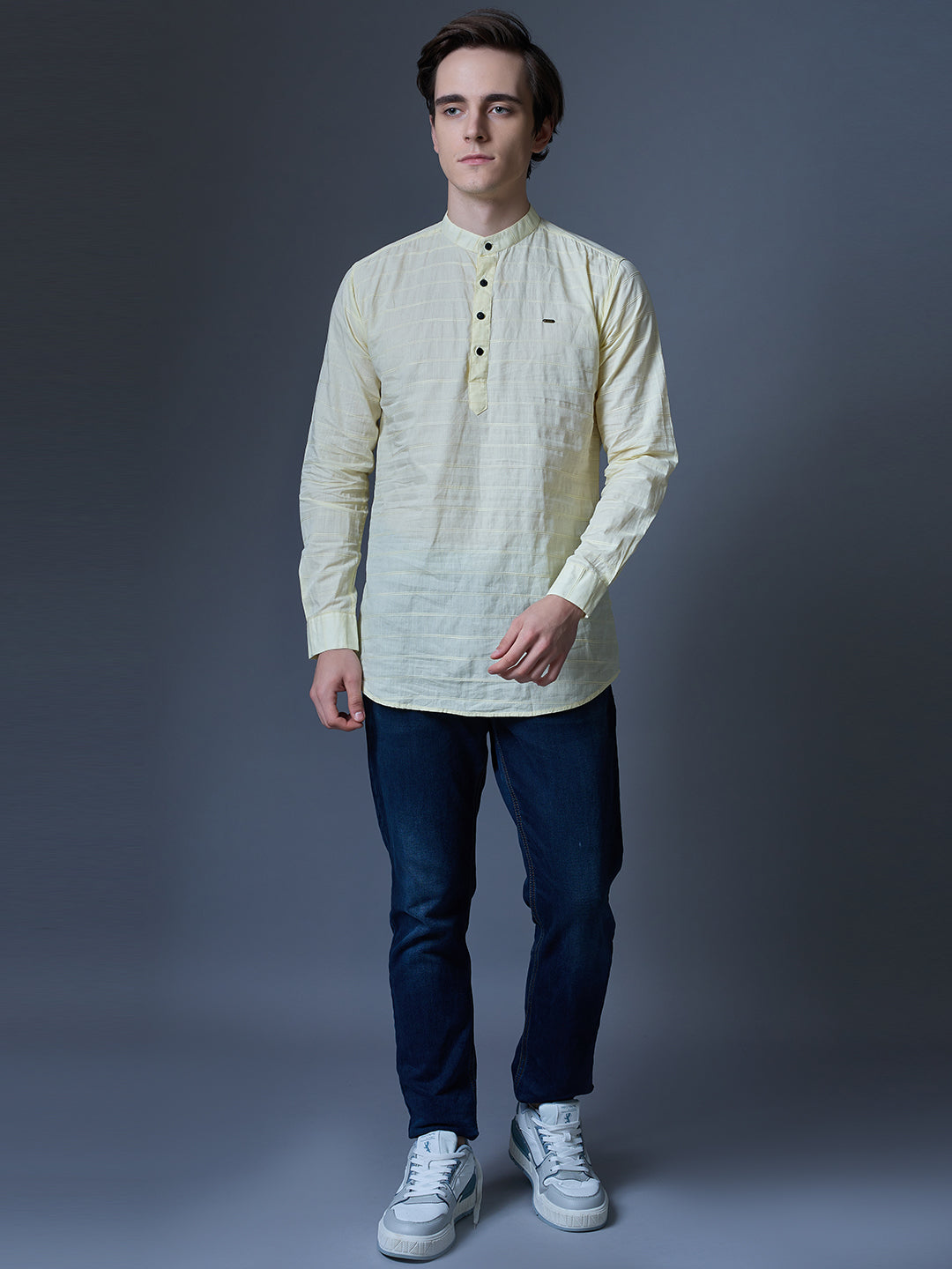 Men's Light Yellow Textured Kurta Shirt