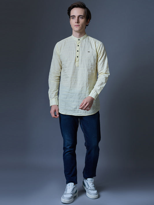 Men's Light Yellow Textured Kurta Shirt