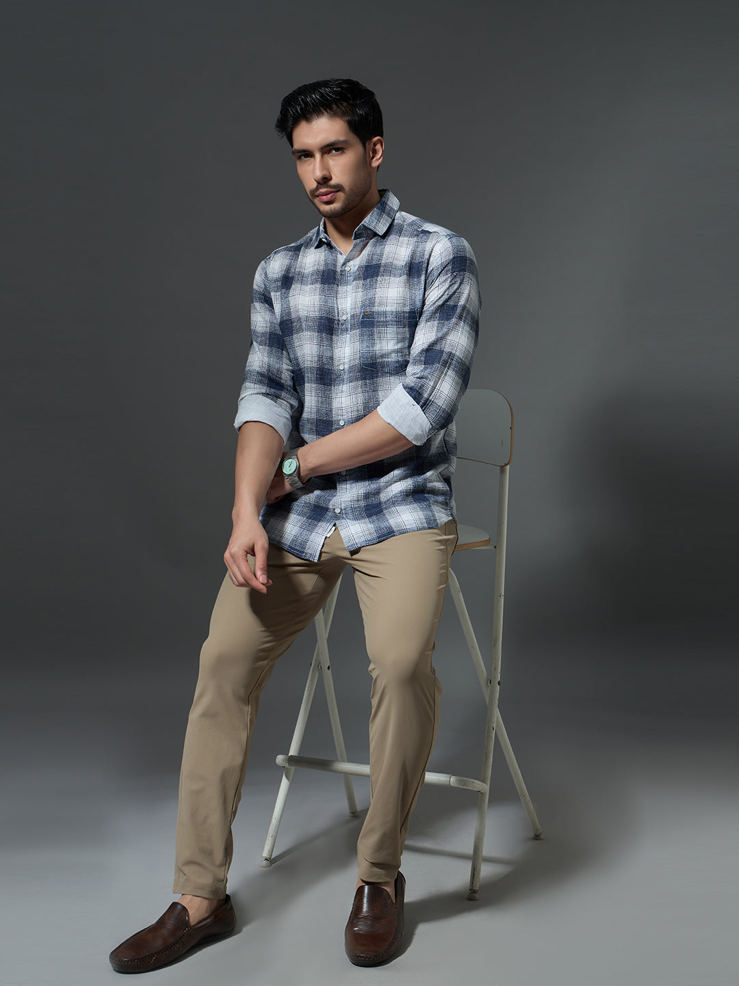 Washed Navy Check Casual Shirt