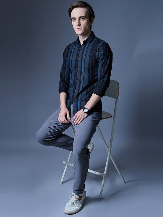 Men's Black and Blue Striped Casual Shirt