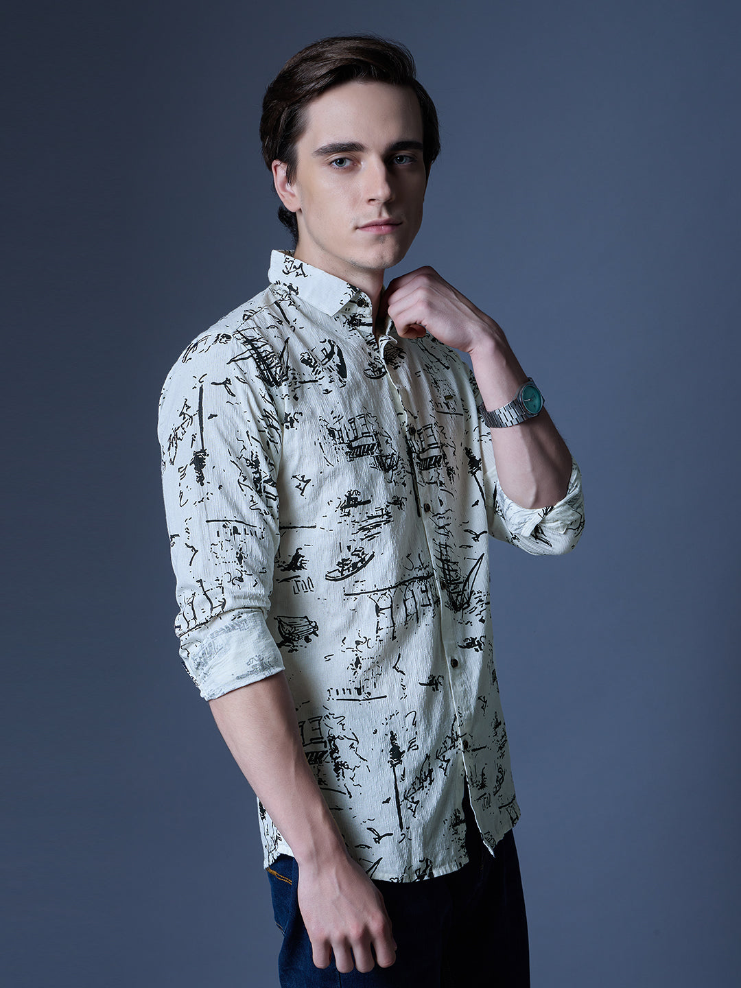 Men's White Printed Nautical Casual Shirt