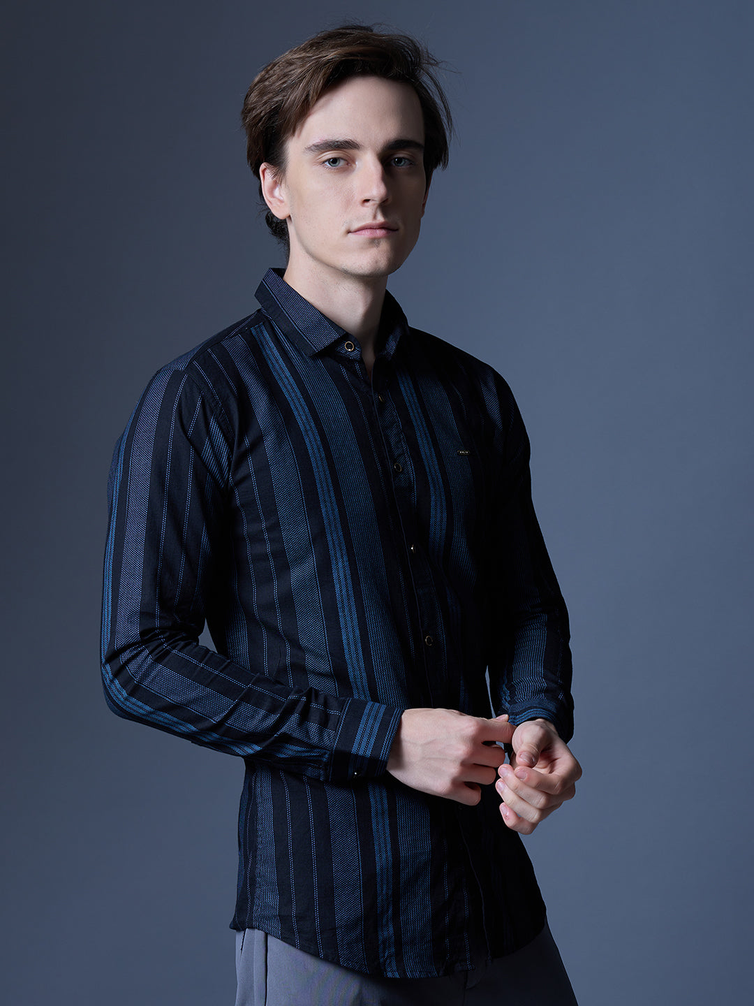 Men's Black and Blue Striped Casual Shirt