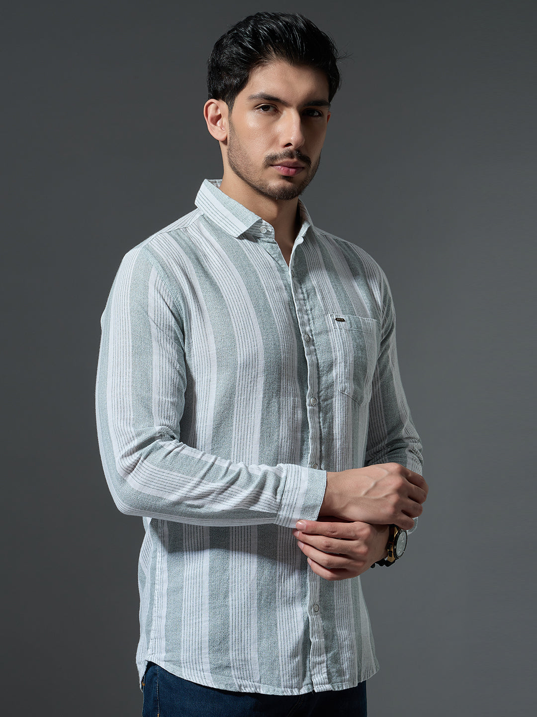 Dusty Green Striped Casual Shirt