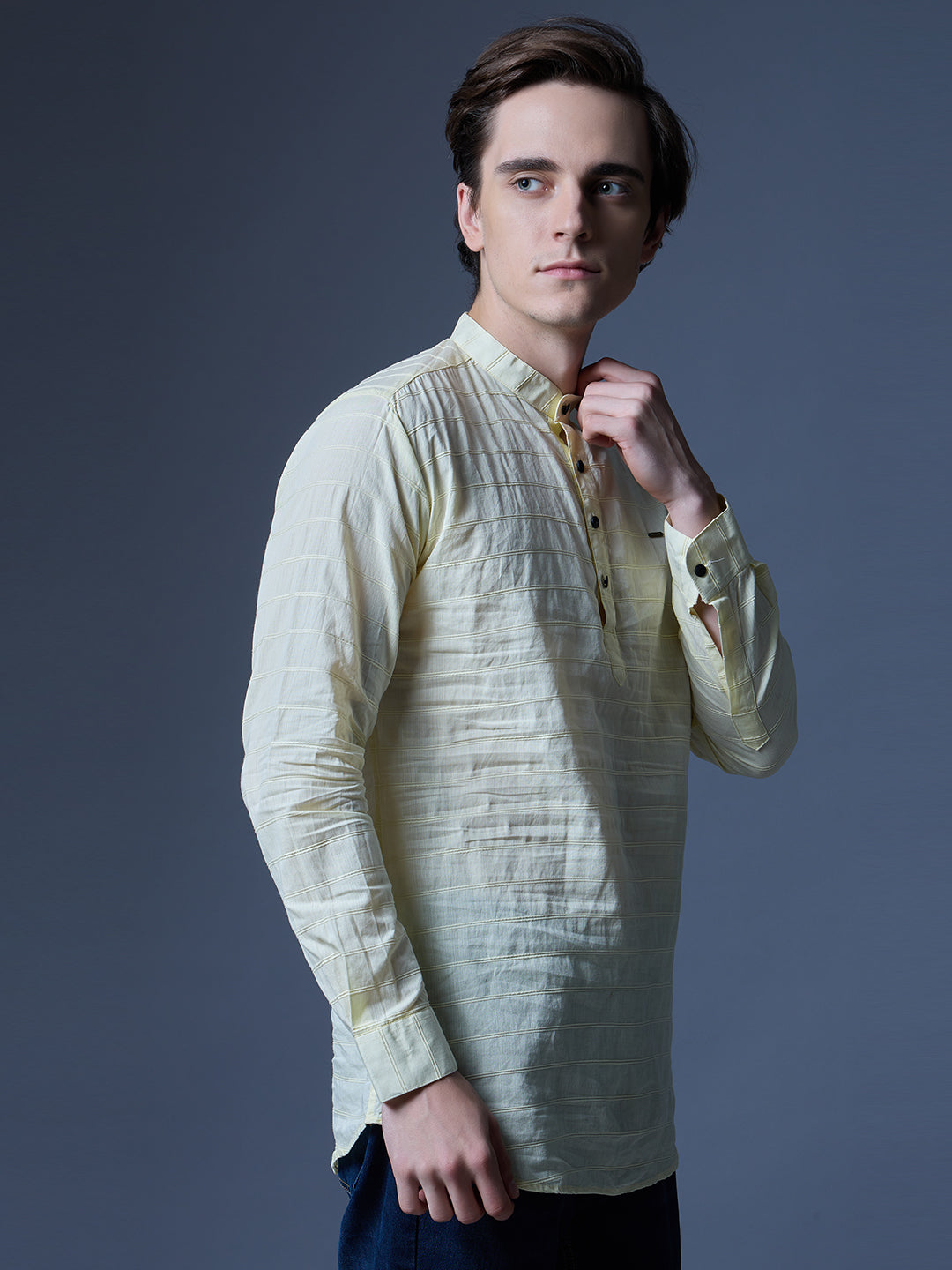 Men's Light Yellow Textured Kurta Shirt