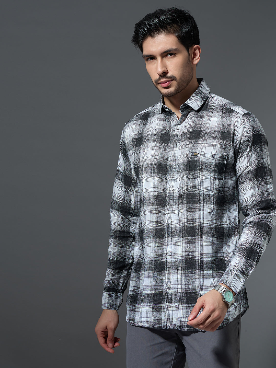 Grey Plaid Flannel Casual Shirt