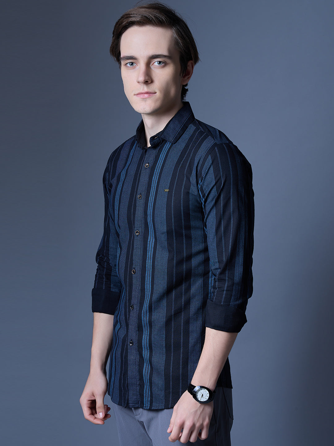 Men's Black and Blue Striped Casual Shirt