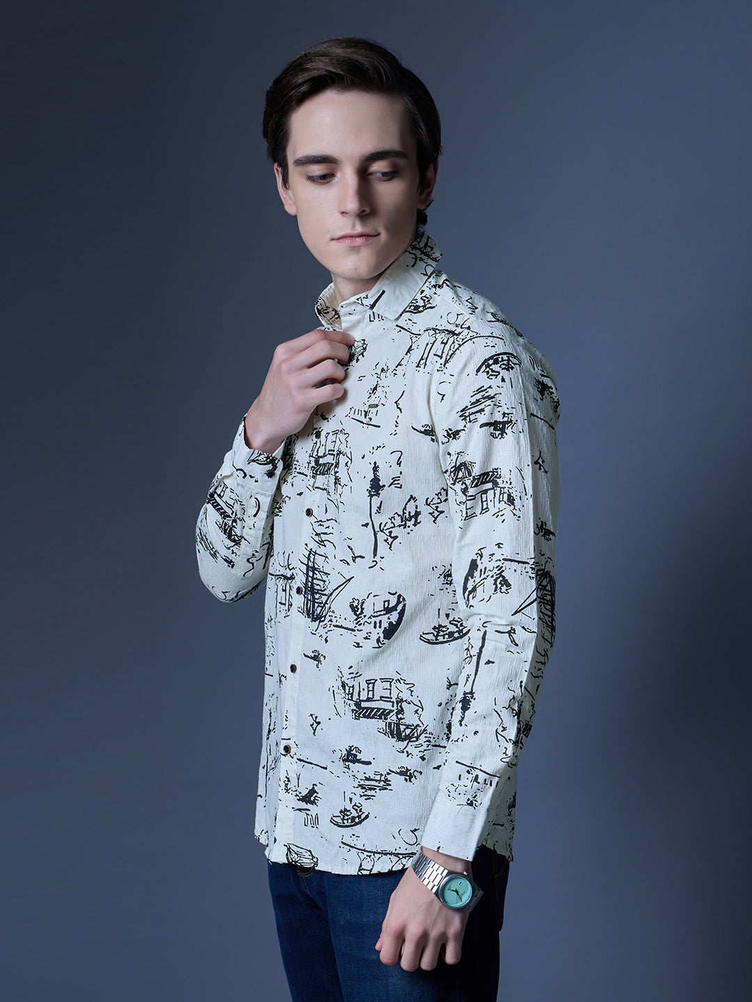 Men's White Printed Nautical Casual Shirt